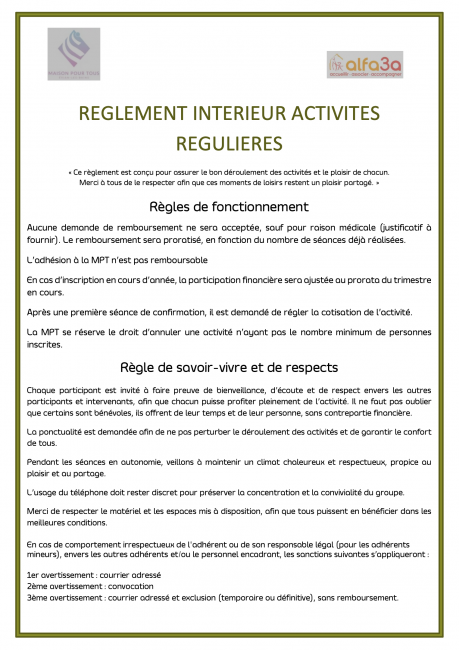 RÈGLEMENT INTÉRIEUR ACTIVITÉS RÉGULIÈRES 2025-2026