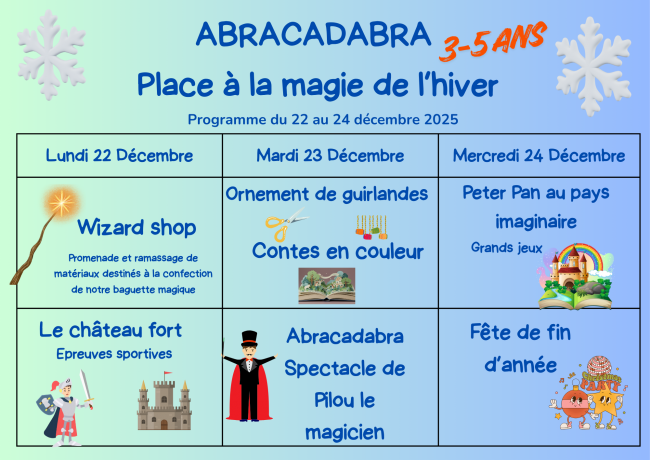 PROGRAMME VACANCES FIN D&#039;ANNEE 2025 3-5 ANS